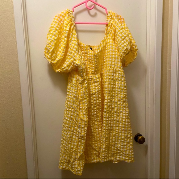 NWOT Old Navy Gingham Yellow Gold Mini Dress Puff Sleeve Womens XL - Picture 1 of 2
